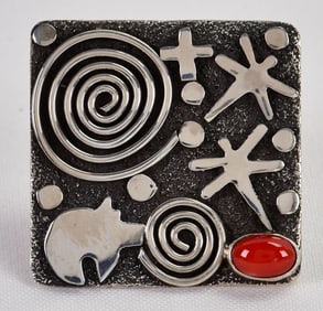 Alex Sanchez Sterling Silver Square Petroglyph Ring w/Coral