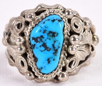 Native American Sterling Kingman Turquoise Men's Ring w/Feather Detail