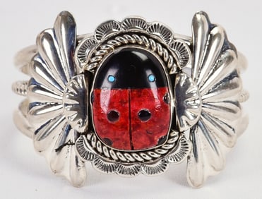 Sterling Silver Apple Coral Lady Bug Cuff by Raynauld Lunassee & Jo Elias Draper