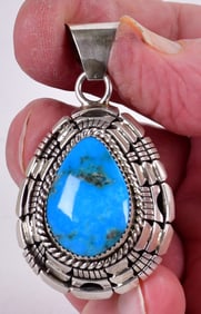 Navajo, W. Begay Ornate Blue Gem Turquoise Pendant w/Stacked Frame