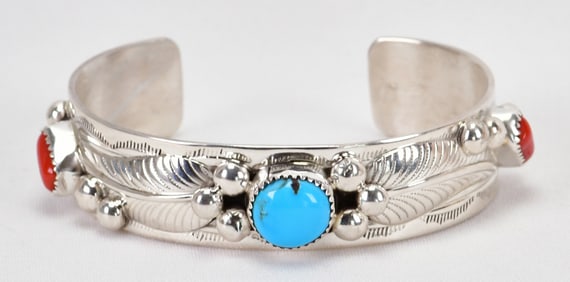 Navajo Sterling Silver Sleeping Beauty Turquoise & Coral Bracelet