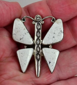 Lorenzo James Sterling Silver White Buffalo Turquoise Butterfly Pin/Pendant