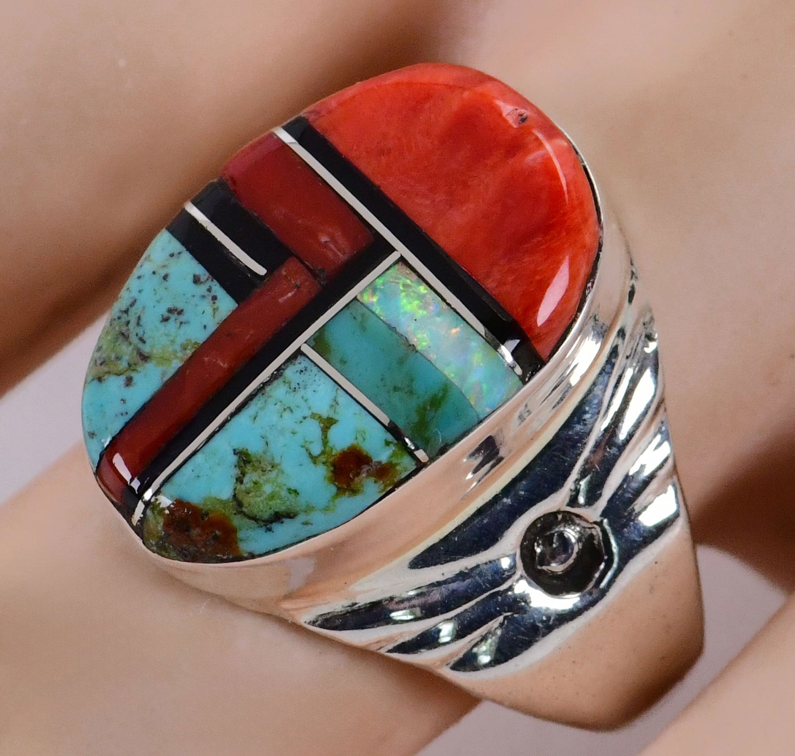 Native American Sterling Silver Multi-Stone inlay Men's Ring (1 of 5)