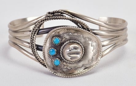 Navajo Sterling Silver Cowboy Hat w/Turquoise Cuff Bracelet