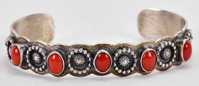 Native American Sterling Silver Mediterranean Coral Cuff Bracelet