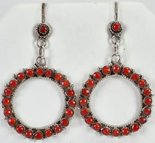 Zuni, Snake Eye Mediterranean Coral Round Dangle Earrings