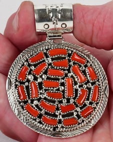 Native American Sterling Silver Coral Cluster Pendant by M. James