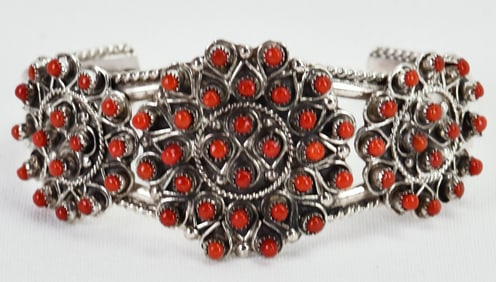 Zuni, Wayne Johnson, Sterling Silver Mediterranean Coral Cluster Cuff
