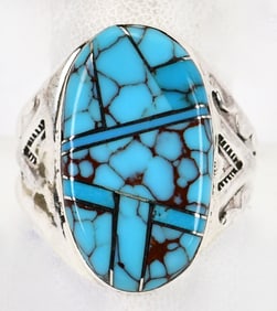 Native American Sterling Silver Kingman Turquoise Inlay Water Web Men's Ring