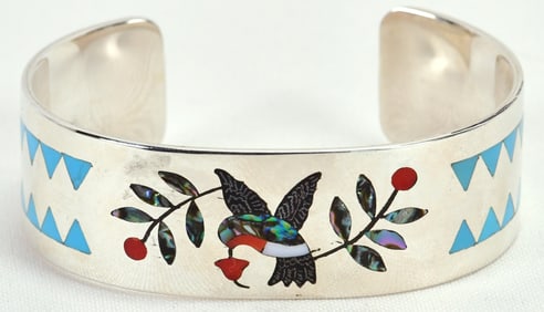 Zuni, D. Edaakie Sterling Silver Multi-Stone Inlay Hummingbird Cuff