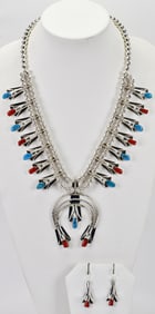 Louise Yazzie Sterling Silver Kingman Turquoise & Coral Squash Blossom Necklace