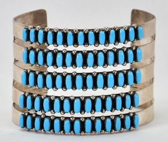 Zuni, Sterling Silver 5 Row Sleeping Beauty Turquoise Petit-Point Cuff