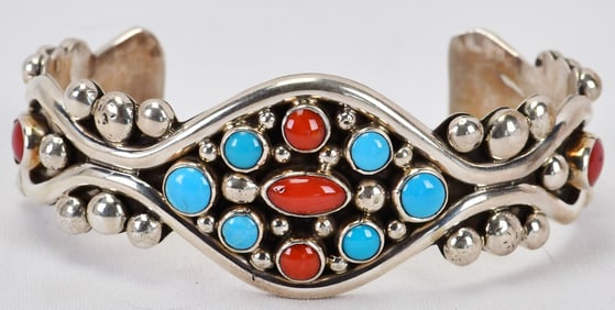 Native American Sterling Sleeping Beauty Turquoise & Coral Cabochon Cuff