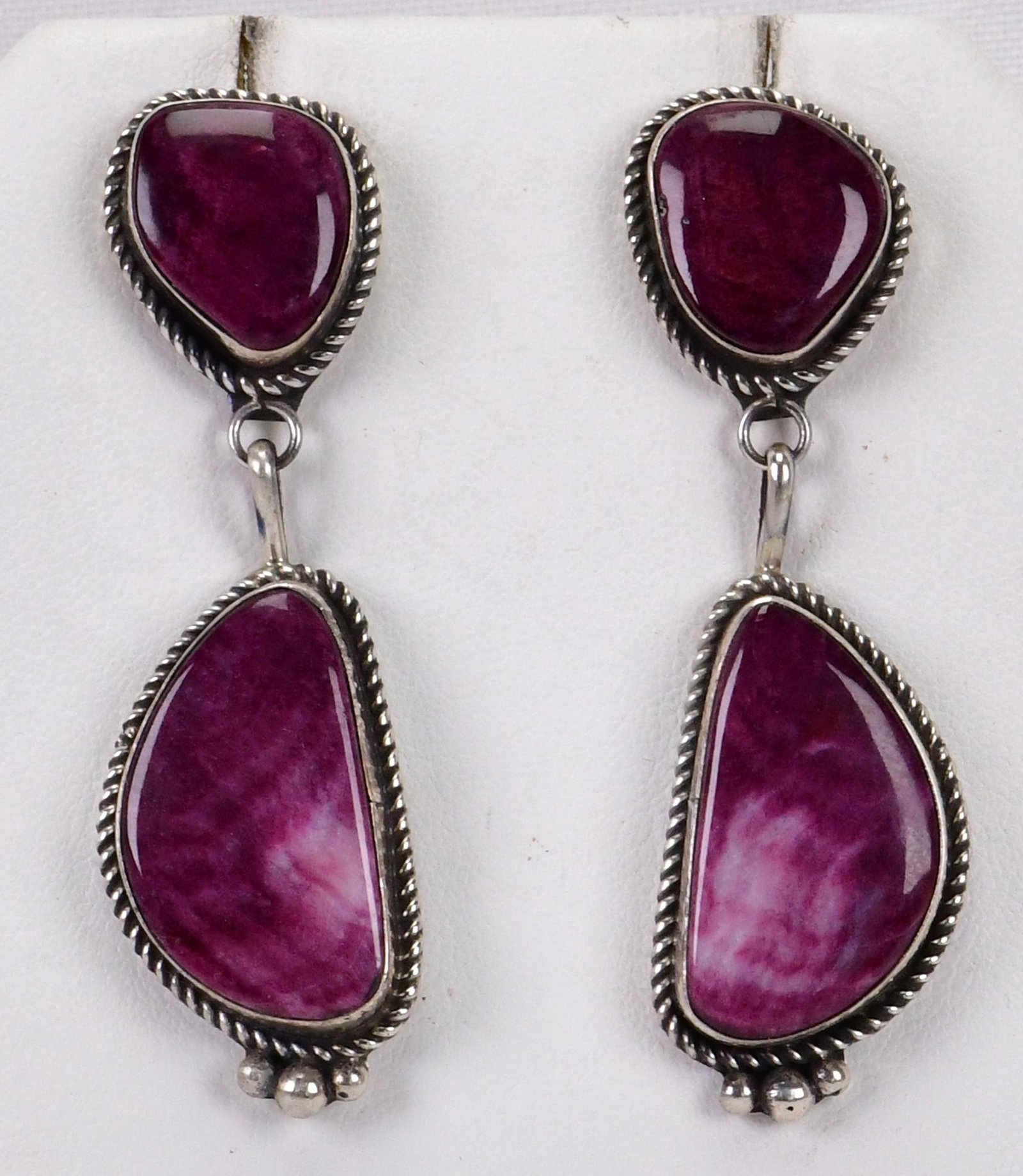 Judith Dixon Sterling Silver Purple Spiny Oyster Drop Earrings: Sterling Silver| Judith Dixon Sterling Silver Purple Spiny Oyster Drop Earrings| Measures 2.5" Long x 7/8" Wide| Hallmarked "J"| Weigh 24.7 Grams| Native American, Navajo, Southwestern Indian Jewelry.