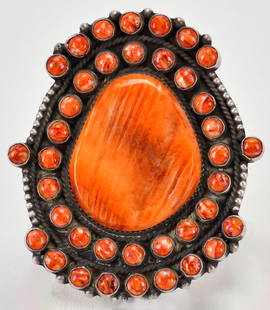Delvin Brown, Navajo, Huge Spiny Oyster Statement Cluster Ring: Sterling Silver| Delvin Brown, Navajo, Huge Spiny Oyster Statement Cluster Ring| Genuine Spiny Oyster| Measures 3" Long x 2.5" Wide| Done in a Cluster of Spiny Oyster Cabochon with a rustic background