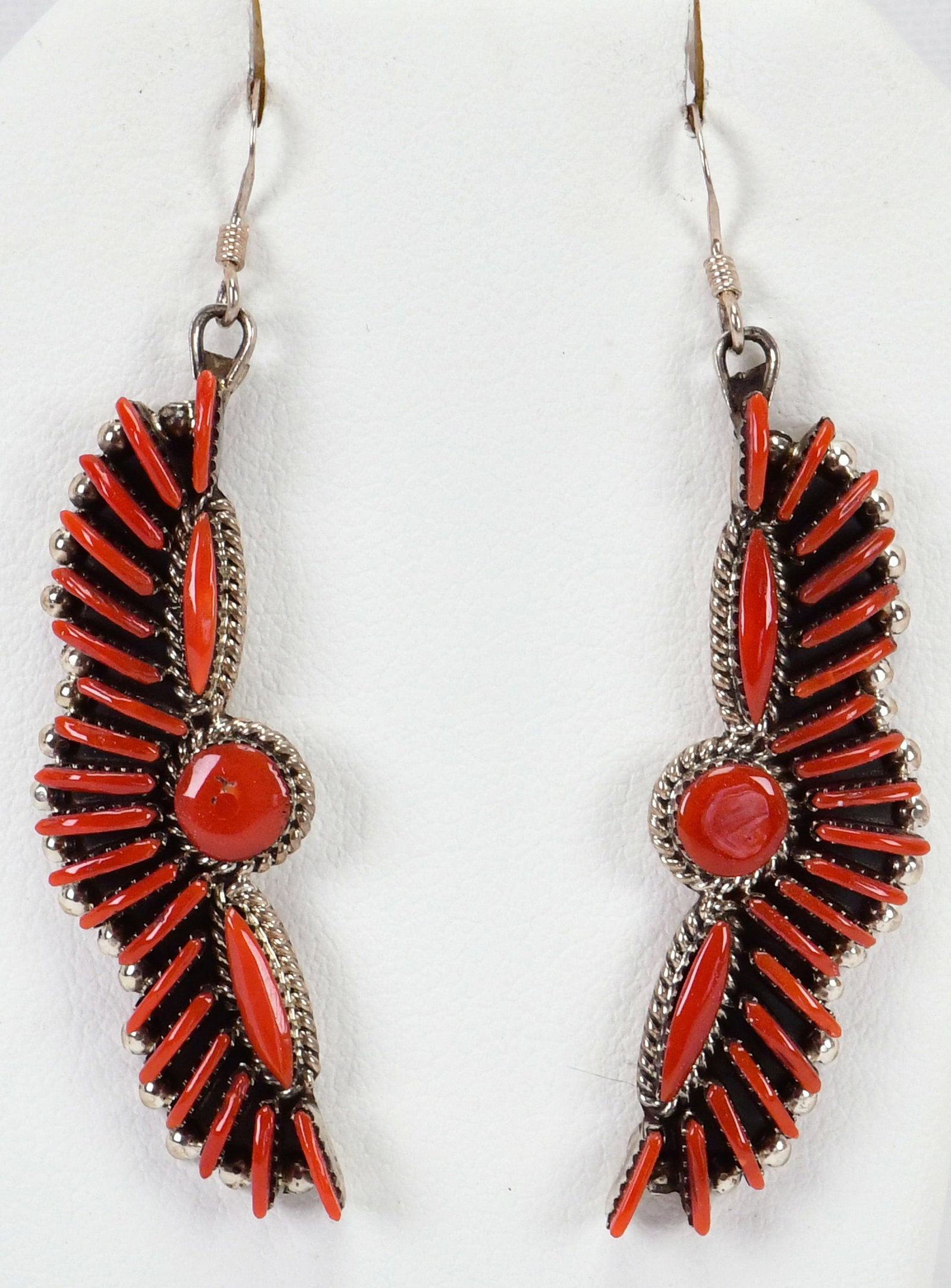 Edmond Cooeyate Sterling Mediterranean Coral Flying Eagle Earrings: Sterling Silver| Edmond Cooeyate Sterling Silver Mediterranean Coral Flying Eagle Earrings| Genuine Genuine Mediterranean Coral| Measure 2.5" Long x 1/2" Wide| Hallmarked "Ed C"| Weigh 12.3 Grams| Nat