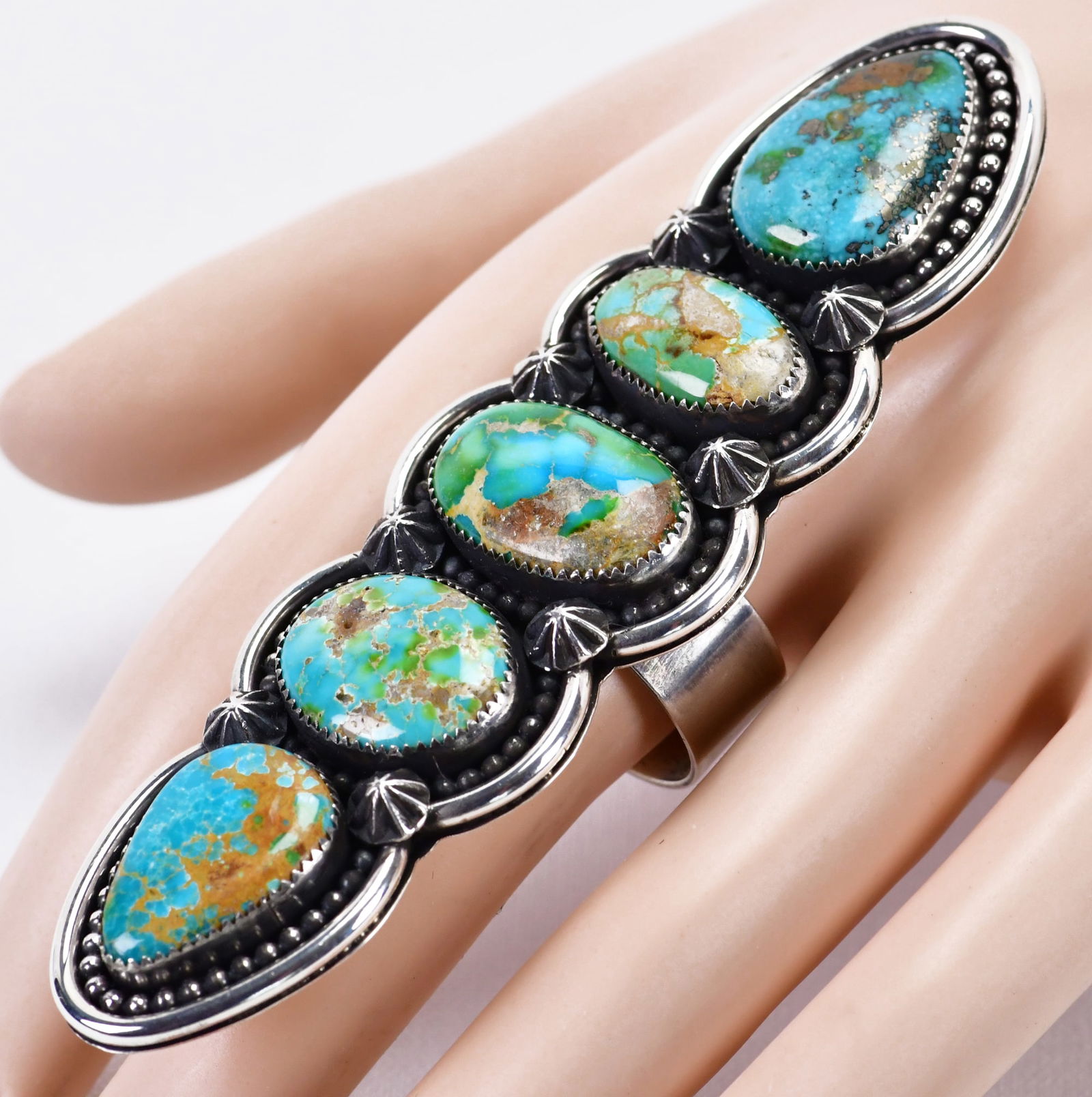 Native American Sterling Silver Royston Turquoise Long Statement Ring (1 of 5)