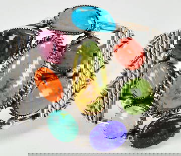 Tillie Jon Sterling Silver Multi-Stone Large Cuff Bracelet: Sterling Silver| Tillie Jon Sterling Silver Large Multi-Stone Cuff Bracelet" Genuine Turquoise, Lapis, Spiny Oyster and Coral| Inside measures 5.75" plus a gap of 1" - Total 6.75"| Face Width 2.5"| Si