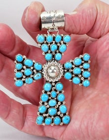 Navajo Sterling Silver Large Sleeping Beauty Turquoise Cross Pendant