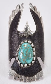 Sterling Silver Matte Black Enamel Over Silver Eagle Ring by Navajo Philander Begay