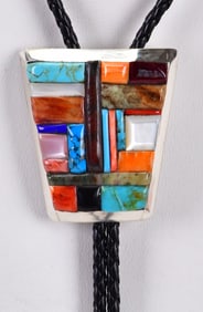 Navajo Sterling Silver Cobblestone Inlay Multi-Stone Bolo Tie