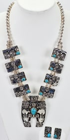Alex Sanchez Sterling Petroglyph Squash Blossom Necklace Set w/Turquoise