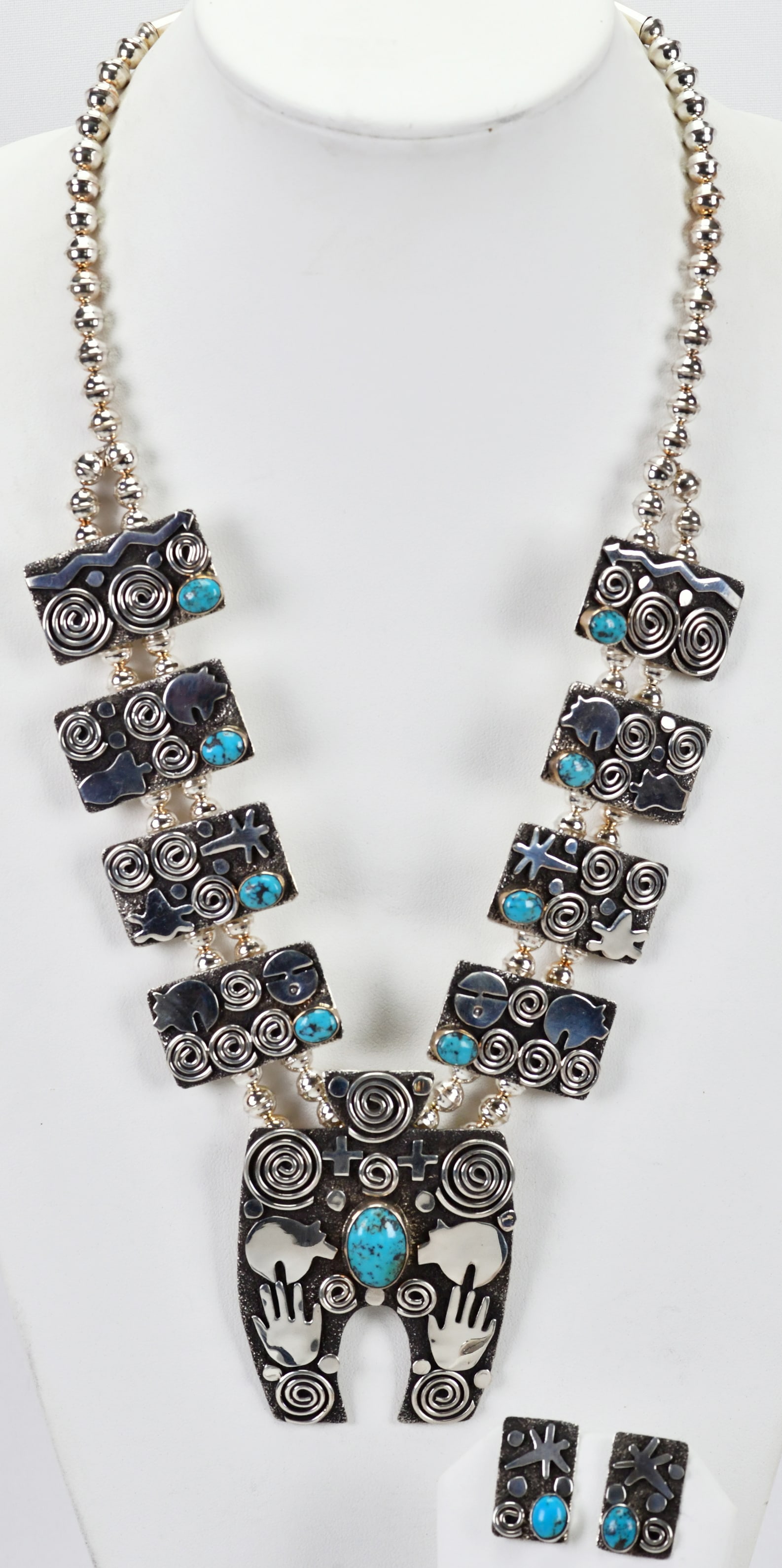 Alex Sanchez Sterling  Petroglyph Squash Blossom Necklace Set w/Turquoise (1 of 4)