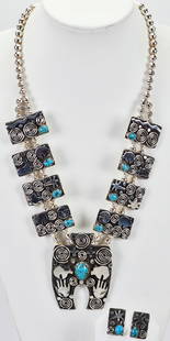 Alex Sanchez Sterling  Petroglyph Squash Blossom Necklace Set w/Turquoise: Sterling Silver| Alex Sanchez Sterling Silver Petroglyph Squash Blossom Necklace Set with Turquoise| Genuine Turquoise Necklace measures 25" in length {Without the Naja Drop}| Has 4 Stations {Blossoms