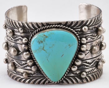 Rick Enriquez Sterling Silver Kingman Turquoise Heavy Cuff w/Rain Drop Beads