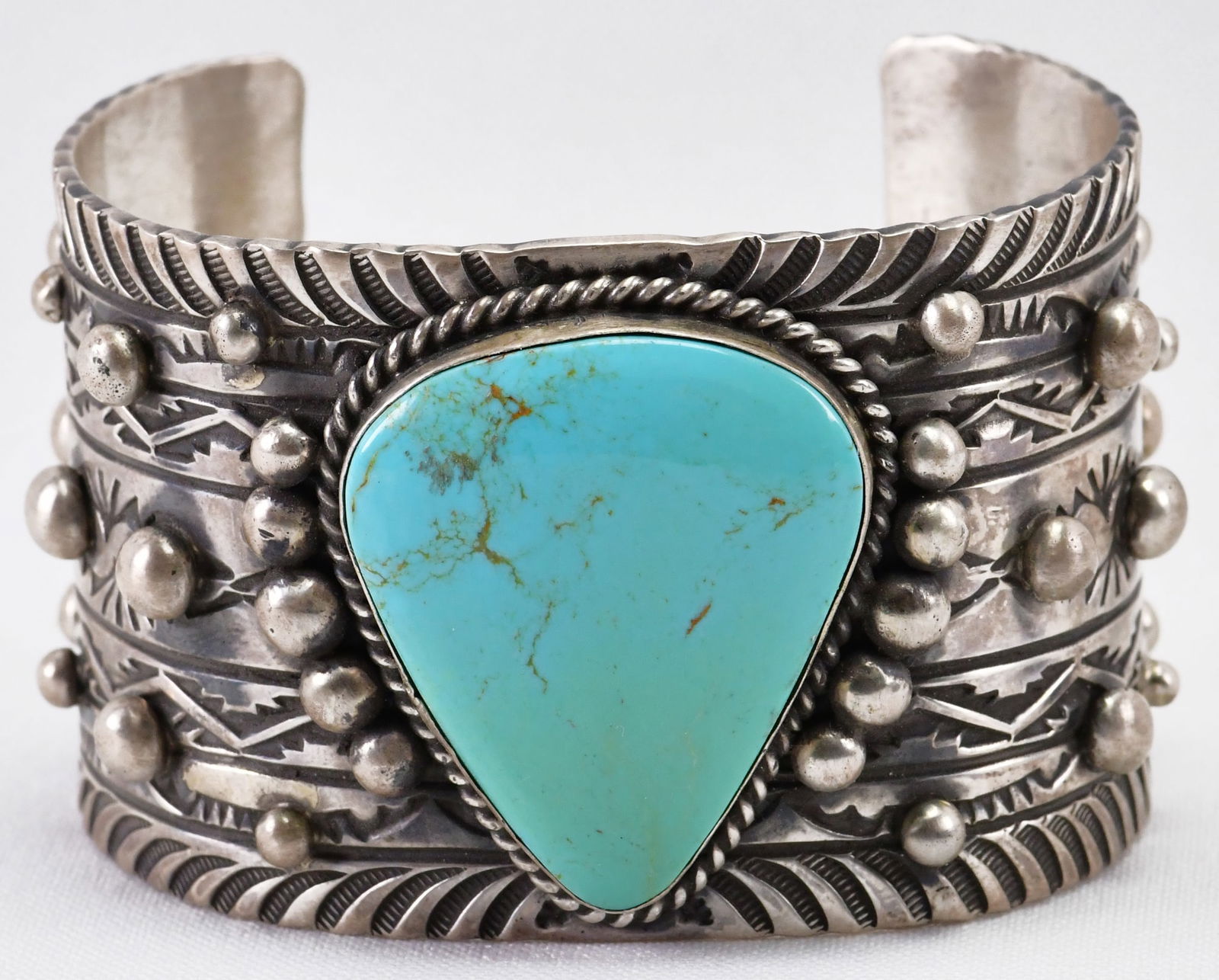 Rick Enriquez Sterling Silver Kingman Turquoise Heavy Cuff w/Rain Drop Beads