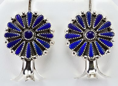 Kyle Wilkerson Sterling Silver Lapis Earrings - Squash Blossom Style