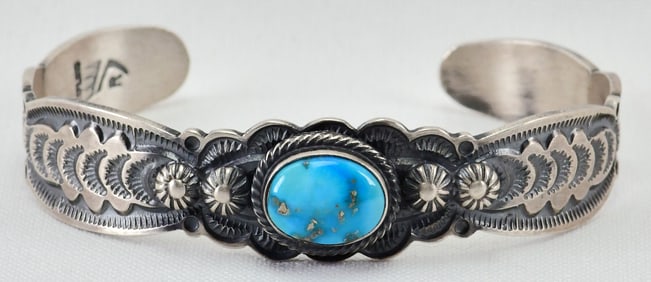 Ernest Rangel Sterling Silver Egyptian Turquoise Stamped Cuff