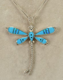 Zuni, Lyndon Ahiyite Sterling Kingman Turquoise & Simulated Opal Dragonfly Necklace
