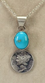 Native American Sterling Mercury Dime & Turquoise Necklace
