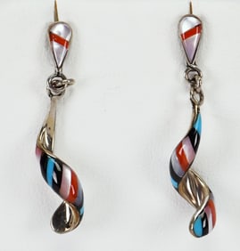Zuni, Sterling Silver Multi-Stone Inlay Spiral Earrings