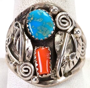 Native American Sterling Silver Men's Ring w/Turquoise & Coral - Size 10.5