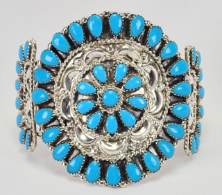Danny Wauneka Sterling Silver Block Turquoise Cluster Bracelet