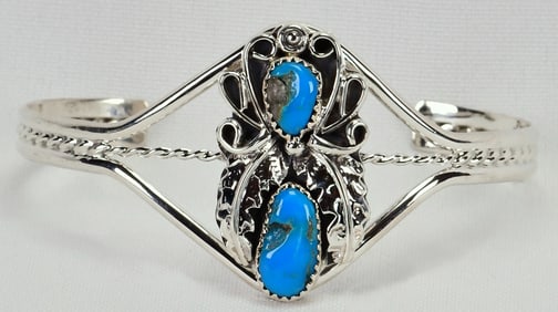 Harry Yazzie Sterling Silver Kingman Turquoise Feather Bracelet