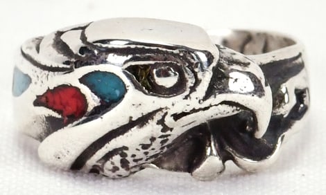Native American Sterling Chip Inlay Eagle Head Men's Ring - Size 9.75