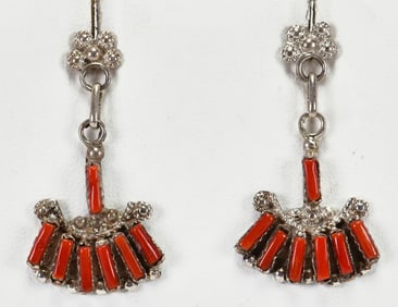 Zuni, Sterling Silver Coral Drop Earrings in Needlepoint Design