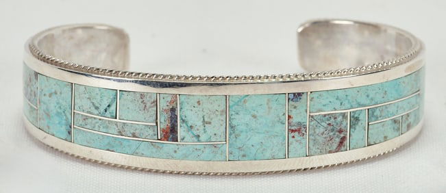 Native American Sterling Silver Genuine Turquoise Inlay Cuff Bracelet