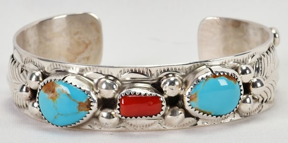 Wilbert Musket Sterling Silver Kingman Turquoise & Coral Cuff