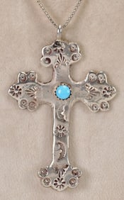 Richard Yazzie Sterling Silver Cross Necklace w/ Kingman Turquoise