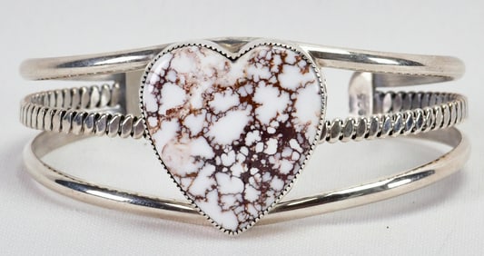 Native American Sterling Silver Wild Horse Turquoise Heart Shape Cuff