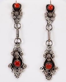 Zuni, Sterling Silver Coral Dangle Earrings