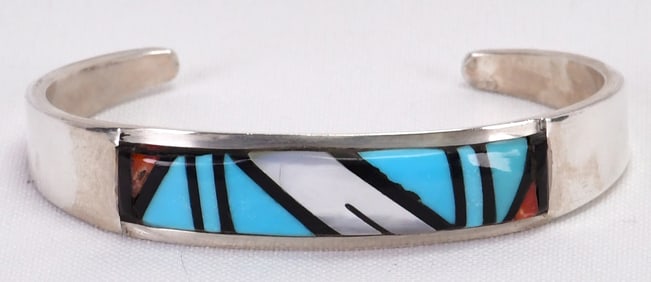 C. M. Booqua, Zuni, Sterling Multi-Stone Inlay Cuff Bracelet
