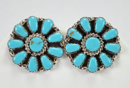 Navajo, Sterling Silver Kingman Turquoise Button Cluster Earrings