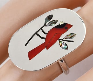 Zuni, S.C. Edaakie Sterling Silver Inlay Cardinal Ring - Size 6.25