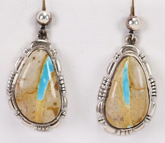 Native American Sterling Silver Boulder Turquoise Drop Earrings