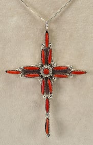 Zuni, Sterling Silver Mediterranean Coral Cross Necklace